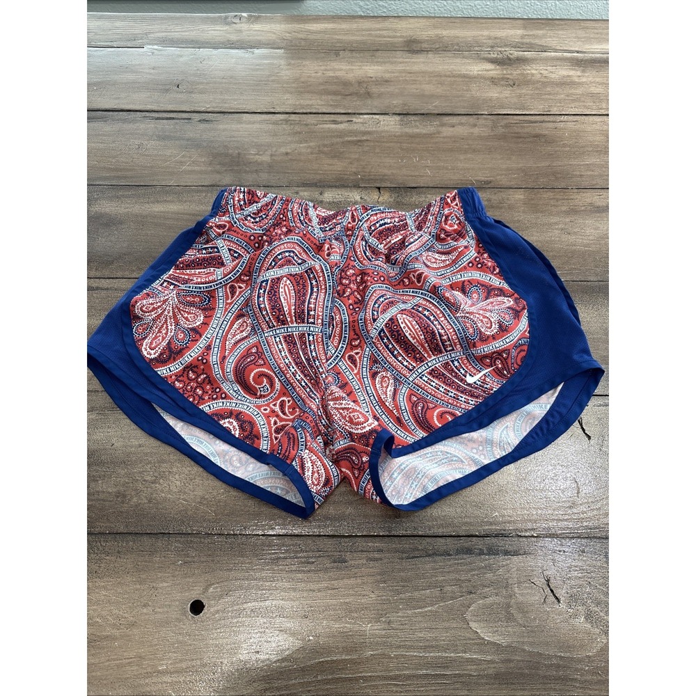 Nike Women Red Blue Paisley Dri Fit Tempo Elastic Waist Lined Running Shorts S‎